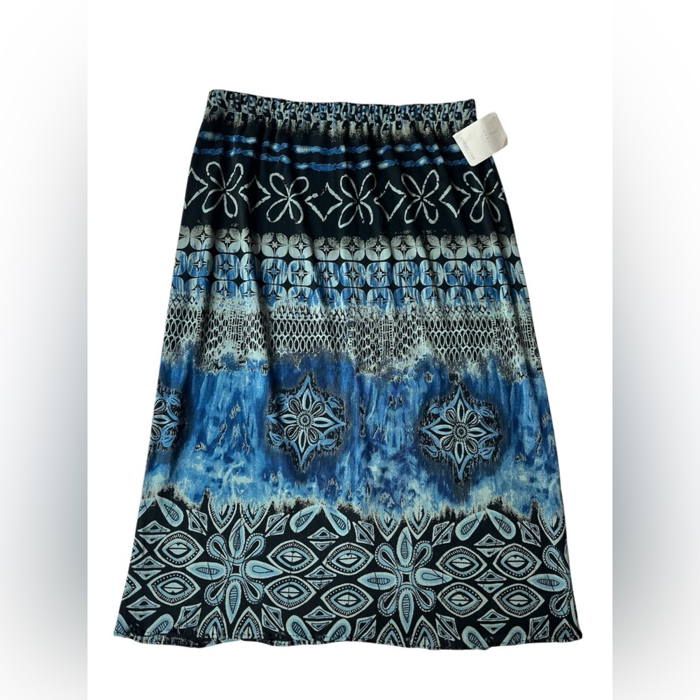 VINTAGE NWT COLDWATER CREEK ACETATE MIDI SKIRT GEOMETRIC BLACK BLUE WOMEN MEDIUM